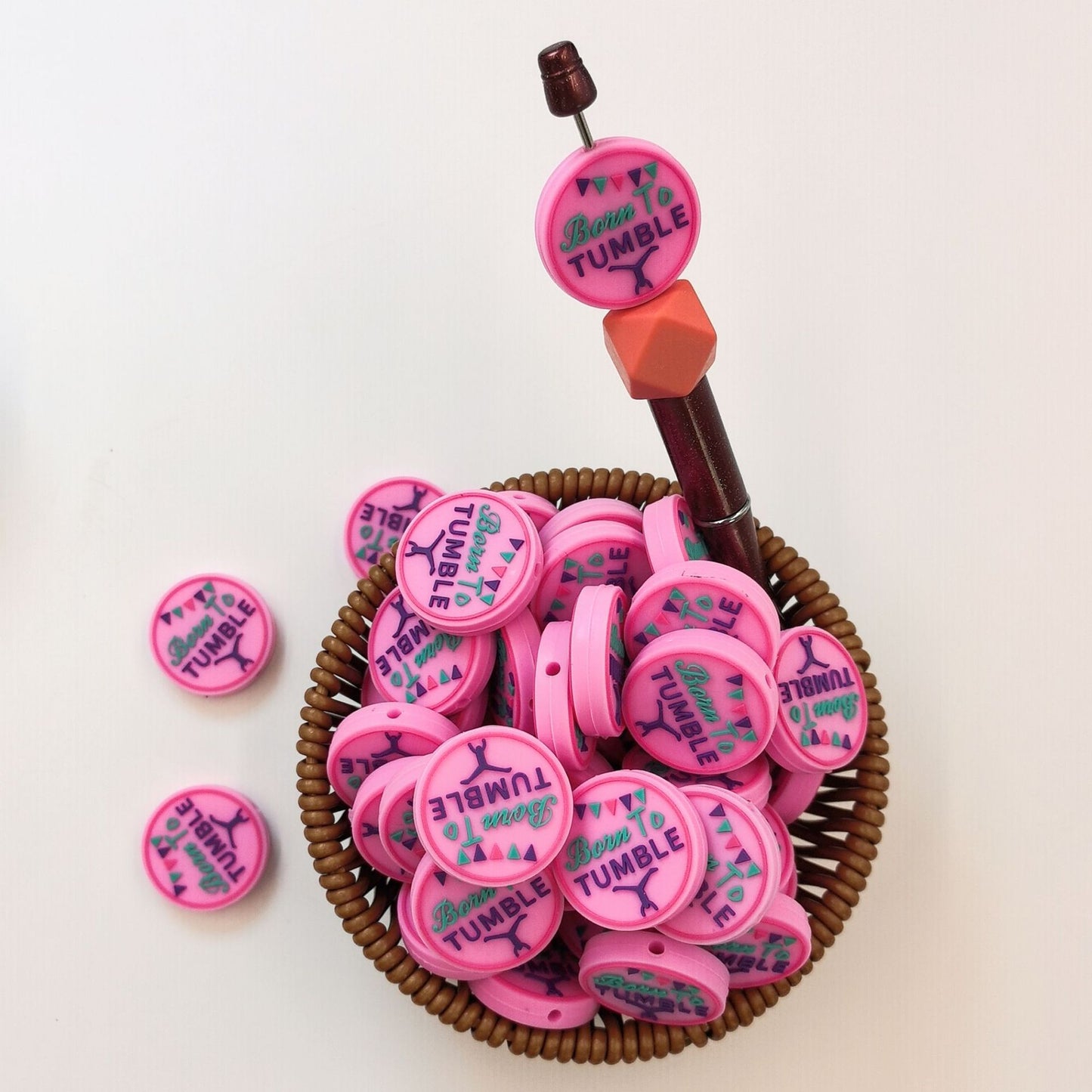 Pink circular silicone cartoon bead